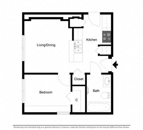 Floor plan for 1 bed, 1 bath, 608 sqft